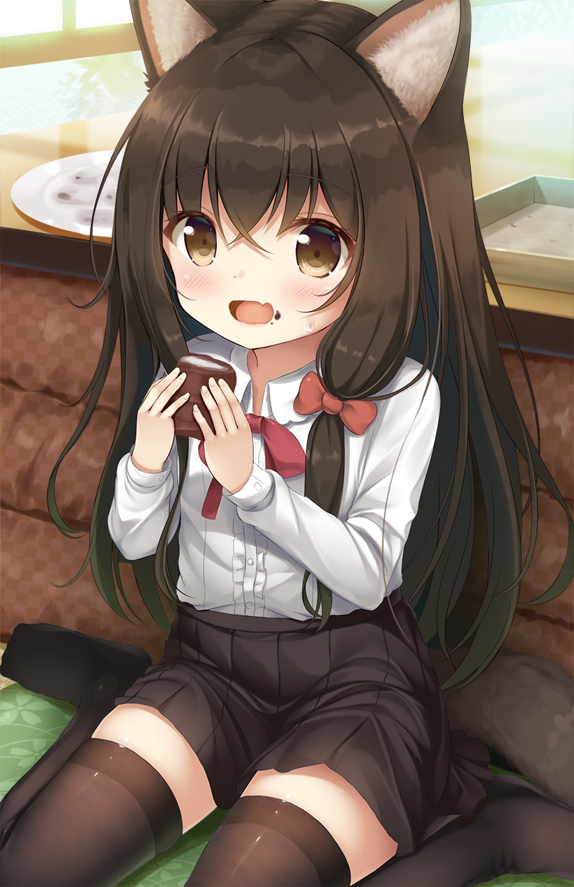 1girl animal_ear_fluff animal_ears bangs black_hair black_legwear blush bow brown_eyes crossed_bangs eating fang highres long_hair looking_at_viewer open_mouth original pleated_skirt psyche3313 red_bow sitting skin_fang skirt solo tail thigh-highs wariza