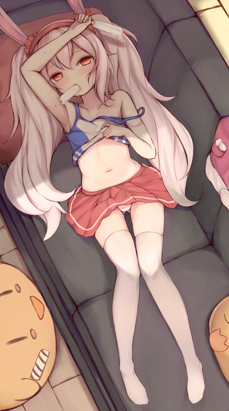 1girl animal_ears arm_up armpits ass_visible_through_thighs azur_lane bangs character_doll collarbone commentary_request couch eyebrows_visible_through_hair fake_animal_ears food from_above hair_between_eyes hairband head_tilt highres holding irokari laffey_(azur_lane) long_hair looking_at_viewer looking_up lying manjuu_(azur_lane) midriff mouth_hold navel panties pantyshot popsicle rabbit_ears red_eyes red_skirt sidelocks skirt solo striped striped_panties stuffed_animal stuffed_toy sweat thigh-highs thighs twintails underwear undressing white_hair white_legwear zettai_ryouiki