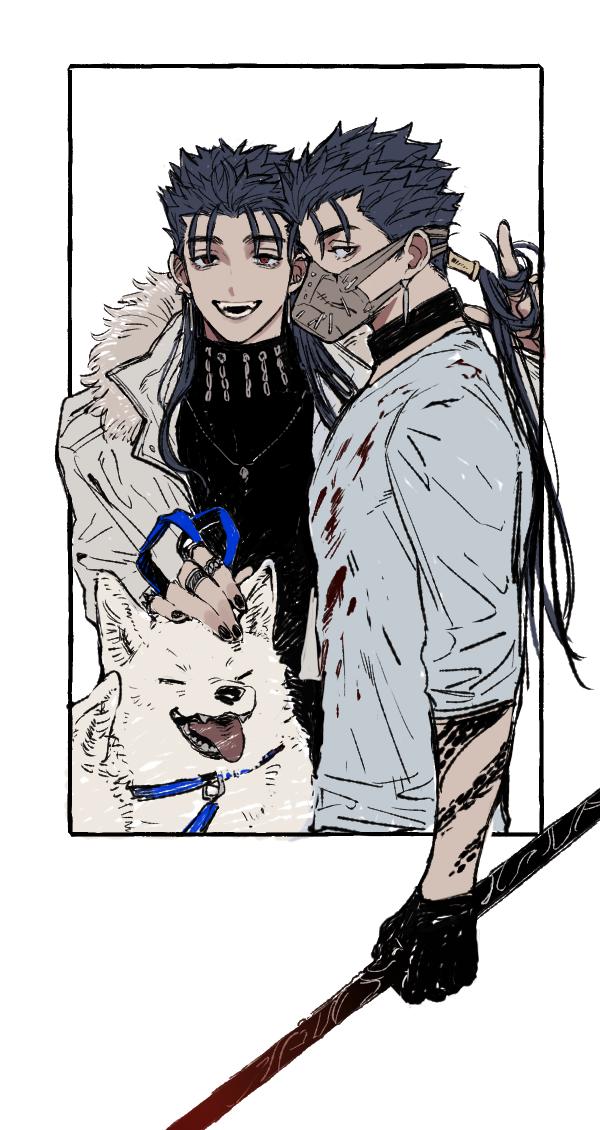 2boys alternate_costume beads blood blood_splatter blue_hair choker cu_chulainn_(fate)_(all) cu_chulainn_(fate/grand_order) dog earrings fangs fate/grand_order fate/stay_night fate_(series) fur-trimmed_jacket fur_trim gae_bolg gloves hair_beads hair_ornament hand_in_another's_hair holding holding_polearm holding_weapon jacket jewelry lancer leash long_hair looking_at_viewer male_focus mog_pero multiple_boys muzzle nail_polish necklace open_mouth polearm ponytail red_eyes ring smile spiky_hair tattoo tongue tongue_out turtleneck type-moon weapon