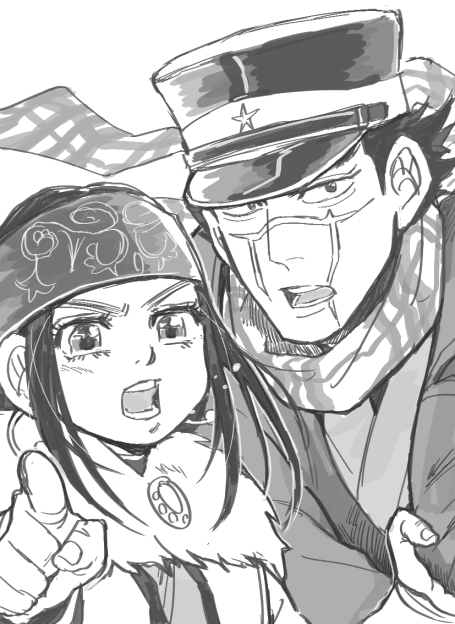 1boy 1girl ainu ainu_clothes asirpa bandana black_eyes black_hair blush cape commentary_request ear_piercing earrings fur_cape golden_kamuy greyscale hat headband holding holding_another hoop_earrings imperial_japanese_army jewelry kepi long_hair looking_at_viewer military military_hat military_uniform monochrome open_mouth osmt328 piercing pointing pointing_at_viewer scar scar_on_cheek scar_on_face scar_on_mouth scar_on_nose scarf short_hair sidelocks simple_background spiky_hair star_(symbol) sugimoto_saichi uniform upper_body white_background