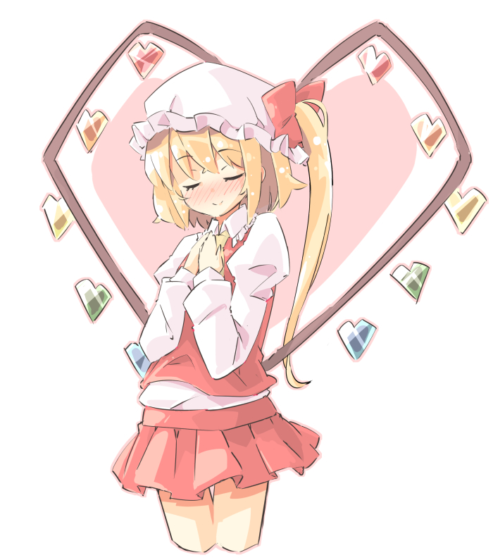 1girl arnest bangs blonde_hair blush bow closed_eyes closed_mouth collared_shirt cropped_legs crystal eyebrows_visible_through_hair flandre_scarlet frilled_shirt frills hair_bow hands_on_own_chest hat heart juliet_sleeves long_sleeves mob_cap one_side_up pleated_skirt puffy_sleeves red_bow red_skirt red_vest shirt skirt smile thighs touhou vest white_background white_shirt wings