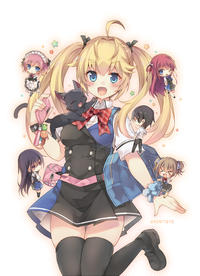 &gt;_&lt; 1boy 5girls :d ahoge animal apron bag bangs black_cat black_dress black_eyes black_footwear black_hair black_legwear black_pants black_ribbon blonde_hair blue_eyes blush bow brown_hair cat cellphone chibi closed_eyes collared_shirt commentary dress dress_shirt eyebrows_visible_through_hair fang flip_phone frilled_apron frills grisaia_(series) grisaia_no_kajitsu hair_between_eyes hair_ribbon hair_rings holding holding_phone irisu_makina kazami_yuuji komine_sachi loafers long_hair maid maid_headdress matsushima_michiru miniboy minigirl multiple_girls open_mouth pants phone pink_hair plaid plaid_bow pleated_dress profile red_bow redhead rento_(rukeai) ribbon sakaki_yumiko school_bag school_uniform shirt shoes short_sleeves skindentation smile starry_background suou_amane thick_eyebrows thigh-highs twintails twitter_username very_long_hair white_apron white_shirt xd