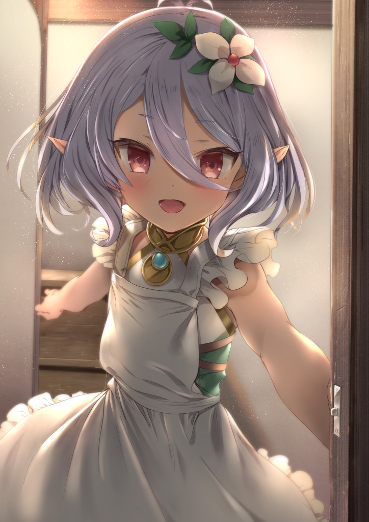 1girl antenna_hair apron bare_arms blush door dress eyebrows_visible_through_hair flower frilled_apron frills gem hair_between_eyes hair_flower hair_ornament indoors inuno_pesu kokkoro_(princess_connect!) looking_at_viewer open_mouth opening_door pointy_ears princess_connect! princess_connect!_re:dive red_eyes silver_hair sleeveless sleeveless_dress smile solo stairs white_dress