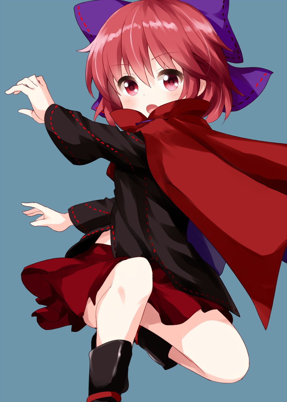 1girl bangs black_footwear black_shirt bow cape eyebrows_visible_through_hair hair_between_eyes hair_bow highres leg_up long_sleeves looking_at_viewer open_mouth purple_bow red_cape red_eyes red_ribbon red_skirt redhead ribbon ribbon-trimmed_bow ribbon-trimmed_shirt ruu_(tksymkw) sekibanki shirt simple_background skirt solo touhou