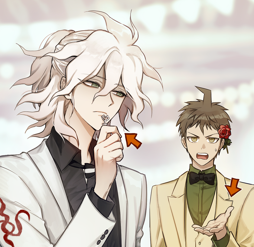 2boys ahoge alternate_hairstyle arrow_(symbol) bangs black_bow black_shirt bow bowtie brown_eyes brown_hair collared_shirt commentary_request dangan_ronpa_(series) dangan_ronpa_2:_goodbye_despair flower formal hair_ornament hand_up hinata_hajime holding jacket komaeda_nagito long_sleeves looking_at_viewer male_focus multiple_boys official_alternate_costume open_mouth ppap_(11zhakdpek19) print_jacket red_flower rose shirt short_hair striped upper_body white_jacket yellow_eyes