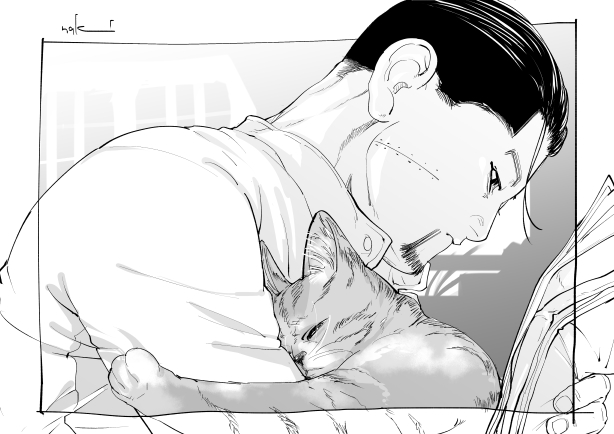 1boy animal animal_hug black_eyes black_hair cat closed_eyes closed_mouth collar collared_shirt commentary_request facial_hair framed from_side goatee golden_kamuy greyscale hair_slicked_back hair_strand holding holding_paper hug long_sleeves male_focus monochrome nakamura_mami ogata_hyakunosuke paper reading scar scar_on_cheek scar_on_face shirt short_hair signature simple_background solo stubble undercut upper_body white_background white_shirt