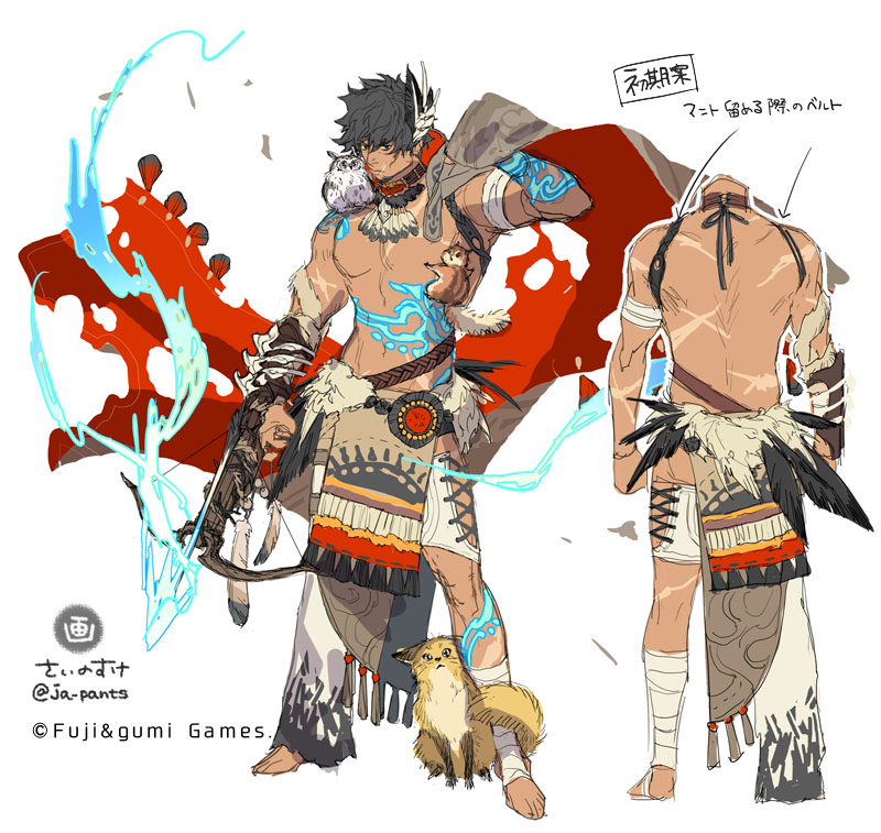 1boy animal animal_on_shoulder arm_tattoo arrow_(projectile) back bandaged_arm bandaged_leg bandages barefoot belt bird black_eyes black_hair dare_ga_tame_no_alchemist facial_hair feathers glowing glowing_arrow glowing_tattoo hair_between_eyes japants leg_tattoo male_focus muscular navel official_art owl scar scar_on_mouth shirtless shoulder_tattoo simple_background sketch squirrel stomach_tattoo tattoo toenails torn torn_clothes tribal veins white_background