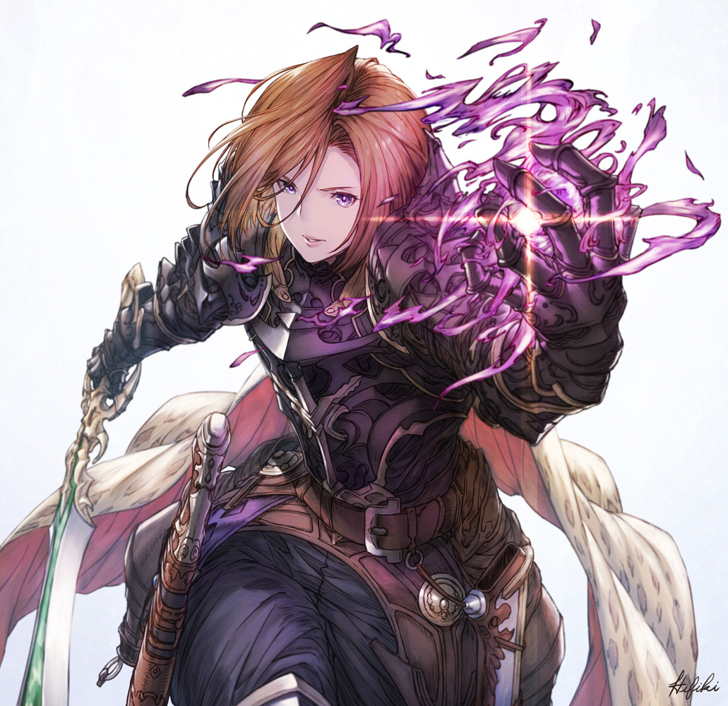 1girl apollonia_vaar armor belt black_armor brown_hair commentary_request energy gauntlets granblue_fantasy holding holding_sword holding_weapon ivris leaning_forward magic scabbard sheath short_hair simple_background solo sword violet_eyes weapon white_background