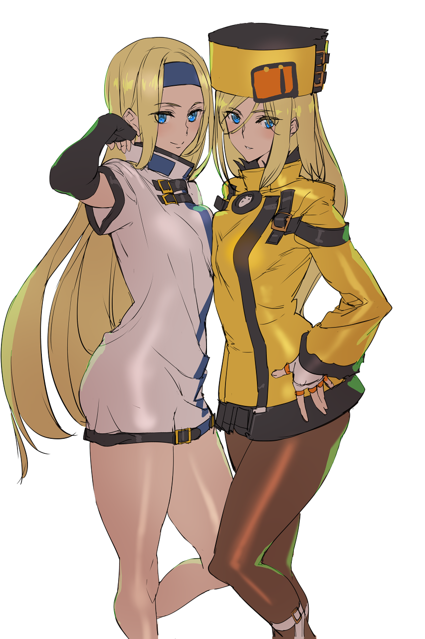 ashiomi_masato black_legwear blonde_hair blue_eyes blue_hairband blush commentary_request dual_persona fingerless_gloves fur_hat gloves guilty_gear guilty_gear_xrd hairband hand_on_hip hand_to_head hat highres long_hair long_sleeves looking_at_viewer millia_rage pantyhose short_sleeves ushanka yellow_headwear