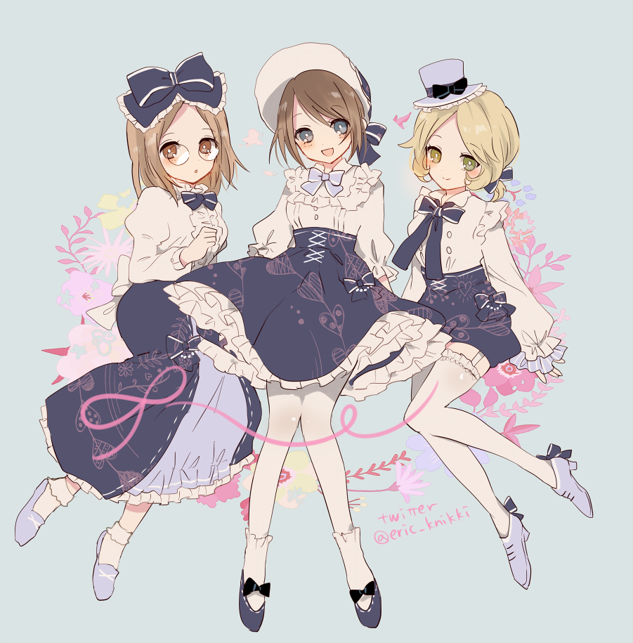 3girls :d :o alternate_costume artist_name bangs blue_eyes blue_gloves blue_headwear blush bonnet boudoir_dream_(identity_v) bow brown_hair dress emma_woods eric_knikki eyebrows_visible_through_hair frilled_sleeves frills full_body garter_straps glasses gloves green_eyes hair_bow hat helena_adams heterochromia identity_v looking_at_viewer mini_hat mini_top_hat multiple_girls official_alternate_costume open_mouth round_eyewear short_hair shorts signature smile thigh-highs top_hat tracy_reznik twitter_username white_legwear yellow_eyes