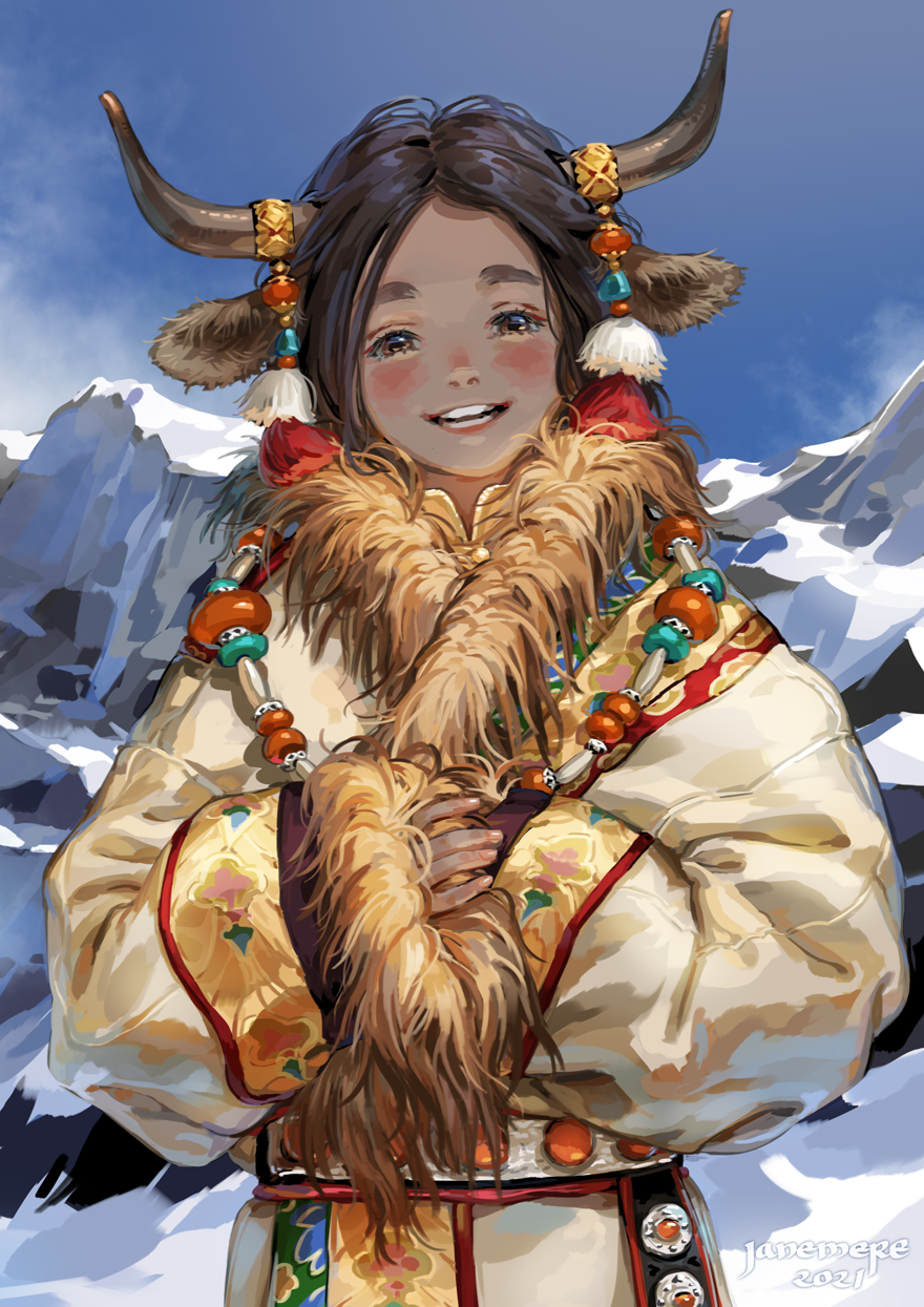 1girl animal_ears artist_name blue_sky blush chinese_zodiac cow_ears cow_girl dated fur_trim highres horns jane_mere jewelry long_sleeves mountain necklace open_mouth original outdoors sky smile solo upper_body year_of_the_ox