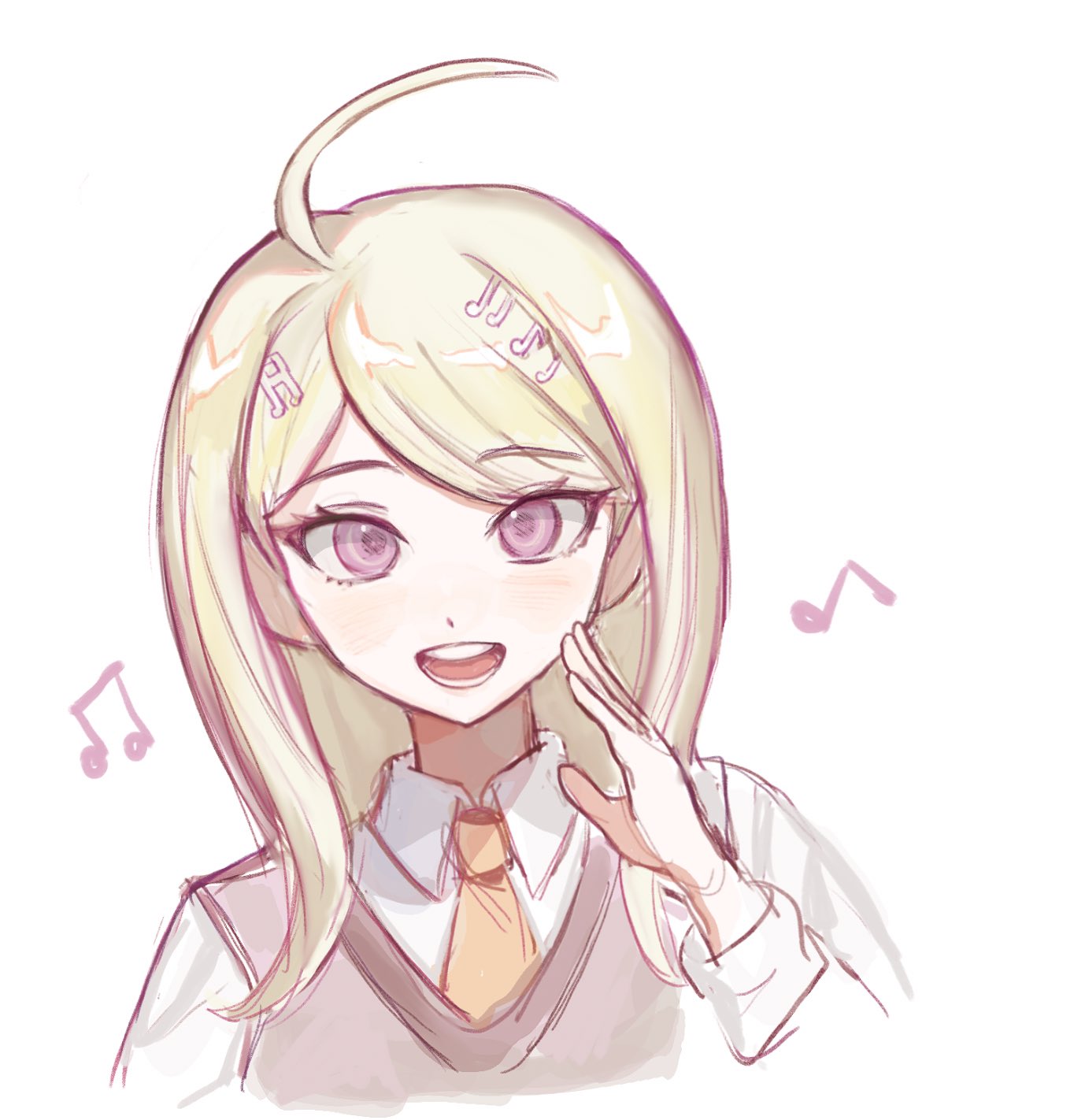1girl :d ahoge akamatsu_kaede akiko_141 bangs beamed_eighth_notes blonde_hair collarbone cropped_shoulders dangan_ronpa_(series) dangan_ronpa_v3:_killing_harmony eighth_note hair_ornament hand_up highres long_hair long_sleeves looking_at_viewer musical_note musical_note_hair_ornament necktie open_mouth orange_neckwear shirt simple_background smile solo sweater_vest upper_body white_background white_shirt