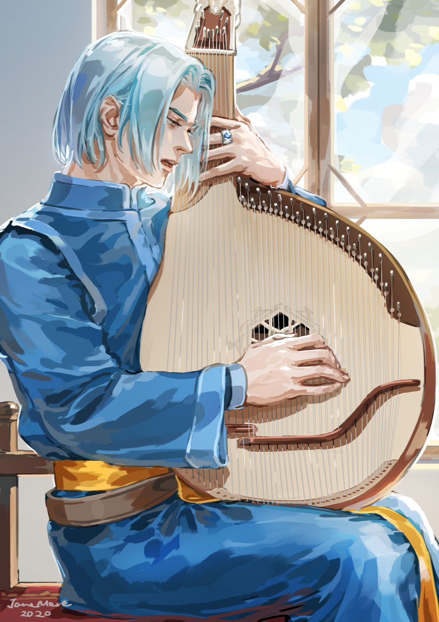 1boy artist_name blue_hair blue_robe dated ferdinand_(honzuki_no_gekokujou) highres honzuki_no_gekokujou indoors instrument jane_mere jewelry long_sleeves music open_mouth playing_instrument ring short_hair sitting solo window