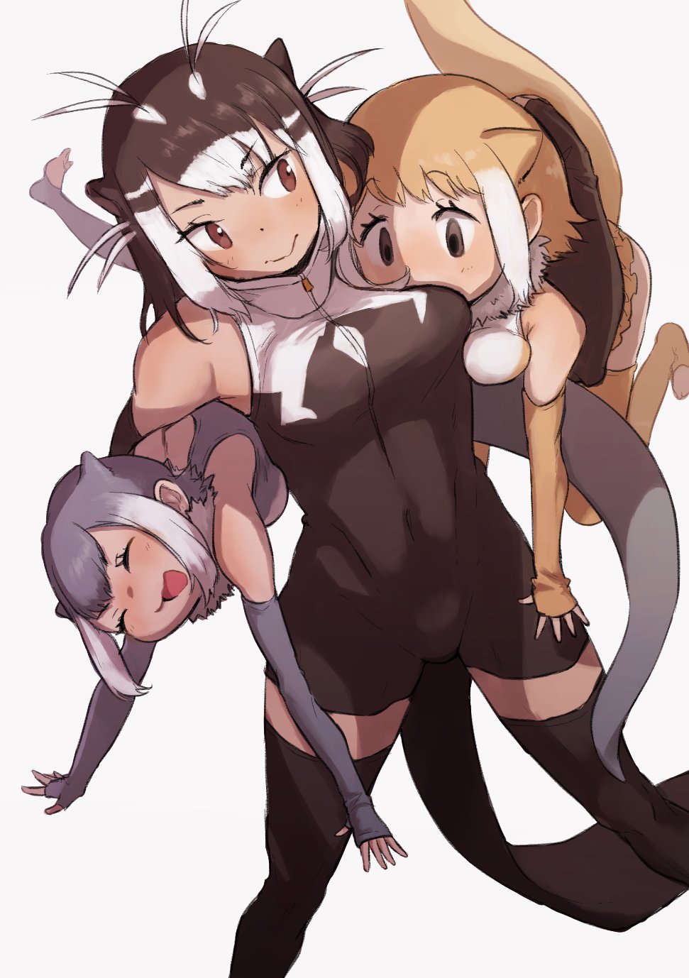 3girls animal_ears bare_shoulders blush brown_eyes brown_hair brown_swimsuit carrying_under_arm commentary_request elbow_gloves extra_ears frilled_swimsuit frills fur_collar giant_otter_(kemono_friends) gloves grey_hair grey_swimsuit height_difference highres japanese_otter_(kemono_friends) kemono_friends light_brown_hair multicolored_hair multiple_girls one-piece_swimsuit open_mouth otter_ears otter_girl otter_tail short_hair shuushuusha sidelocks sleeveless small-clawed_otter_(kemono_friends) swimsuit tail thigh-highs toeless_legwear turtleneck_swimsuit two-tone_hair two-tone_swimsuit white_swimsuit zettai_ryouiki