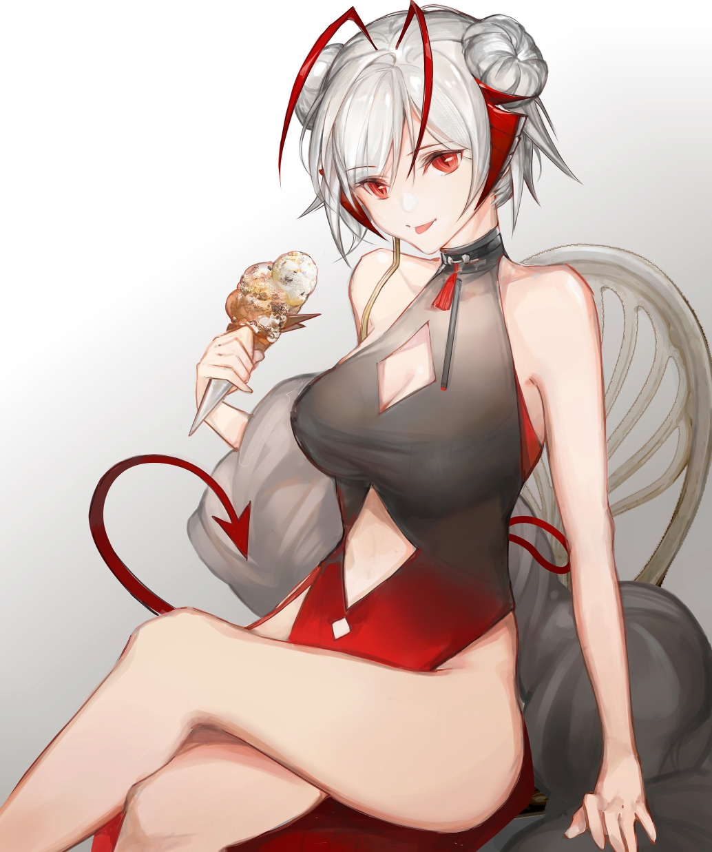 1girl ahoge alternate_costume arknights arm_support ayakoayako black_dress breasts chair cleavage_cutout clothing_cutout commentary_request crossed_legs demon_girl demon_horns demon_tail double_bun dress feet_out_of_frame food gradient gradient_background grey_background grey_hair highres holding holding_food horns ice_cream ice_cream_cone large_breasts looking_at_viewer no_panties pelvic_curtain red_dress red_eyes short_hair sitting sleeveless sleeveless_dress solo tail tongue tongue_out two-tone_dress w_(arknights)