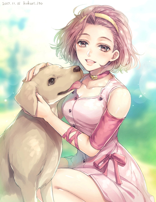 1girl animal arm_ribbon arnold_(jojo) artist_name bare_shoulders blurry bokeh buttons choker collarbone commentary_request dated depth_of_field diamond_wa_kudakenai dog dress dress_bow dyresbroom hairband jojo_no_kimyou_na_bouken light_blush looking_at_viewer open_mouth petting pink_choker pink_dress pink_eyes pink_hair ribbon short_hair sleeveless sleeveless_dress smile squatting sugimoto_reimi