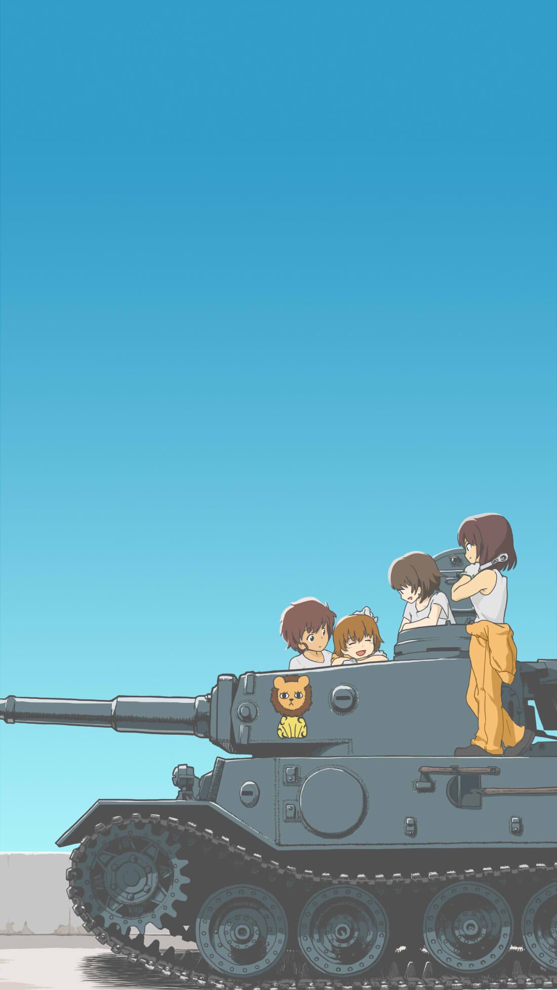 bangs black_footwear blue_sky bob_cut brown_hair clear_sky closed_eyes closed_mouth clothes_around_waist commentary_request dark_skin day elbow_rest freckles girls_und_panzer gloves ground_vehicle hand_on_another's_head heel_up highres holding holding_wrench hoshino_(girls_und_panzer) jumpsuit korosuke_xp leopon_(animal) long_sleeves mechanic military military_vehicle motor_vehicle nakajima_(girls_und_panzer) open_mouth orange_jumpsuit outdoors phone_wallpaper shirt shoes short_hair short_sleeves sky standing suzuki_(girls_und_panzer) t-shirt tank tank_top tiger_(p) tsuchiya_(girls_und_panzer) uniform wallpaper white_gloves white_shirt wrench