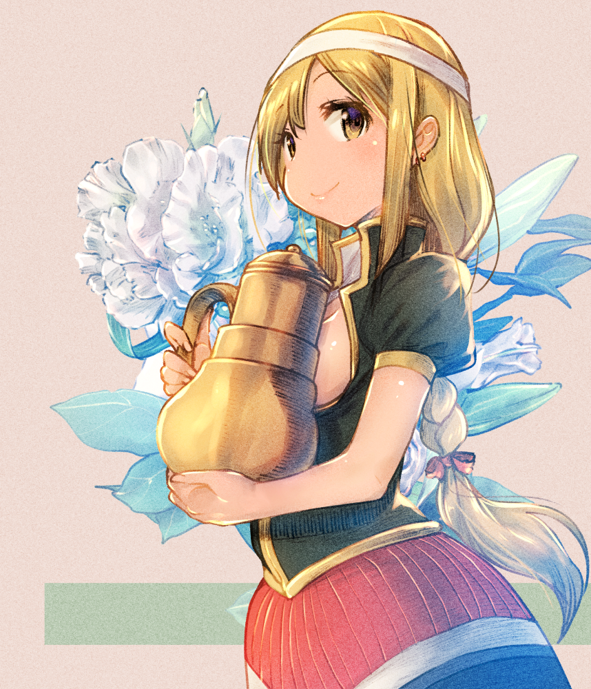 1girl blonde_hair bow braid braided_ponytail earrings flower hair_bow headband history holding_jug jewelry jug long_hair looking_at_viewer minoan_clothes open_clothes original puffy_short_sleeves puffy_sleeves red_bow short_sleeves smile solo traditional_clothes upper_body usapenpen2019 very_long_hair white_flower yellow_eyes