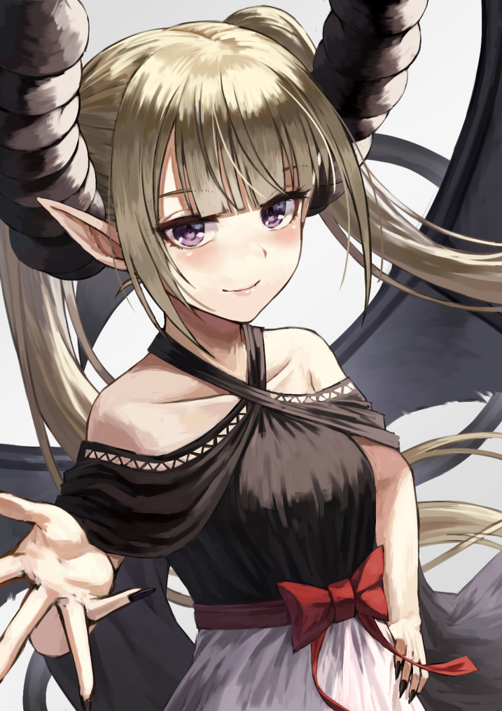 1girl atsuyah0310 bare_shoulders black_nails blonde_hair blush bow closed closed_mouth collarbone demon_girl demon_horns demon_tail demon_wings fingernails hand_on_hip horns long_fingernails original pointy_ears red_bow sharp_fingernails single_horn smile solo succubus tail torn torn_wings twintails violet_eyes wings