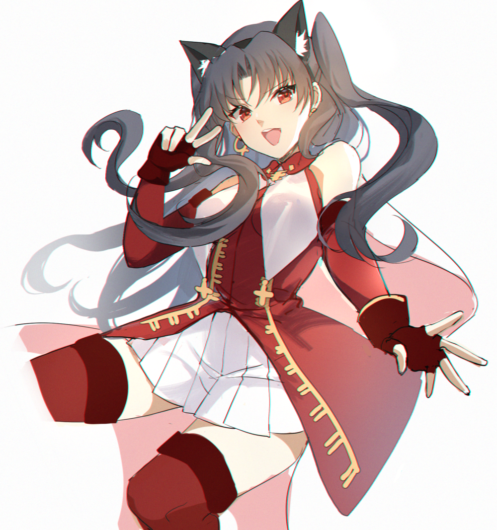 1girl animal_ears bangs black_hair blush breasts cat_ears dress earrings elbow_gloves fate/grand_order fate_(series) fingerless_gloves gloves hoop_earrings ishtar_(fate)_(all) ishtar_(fate/grand_order) jewelry kernel_killer long_hair looking_at_viewer medium_breasts open_mouth parted_bangs red_dress red_eyes red_gloves red_legwear skirt smile thigh-highs thighs two_side_up w white_skirt