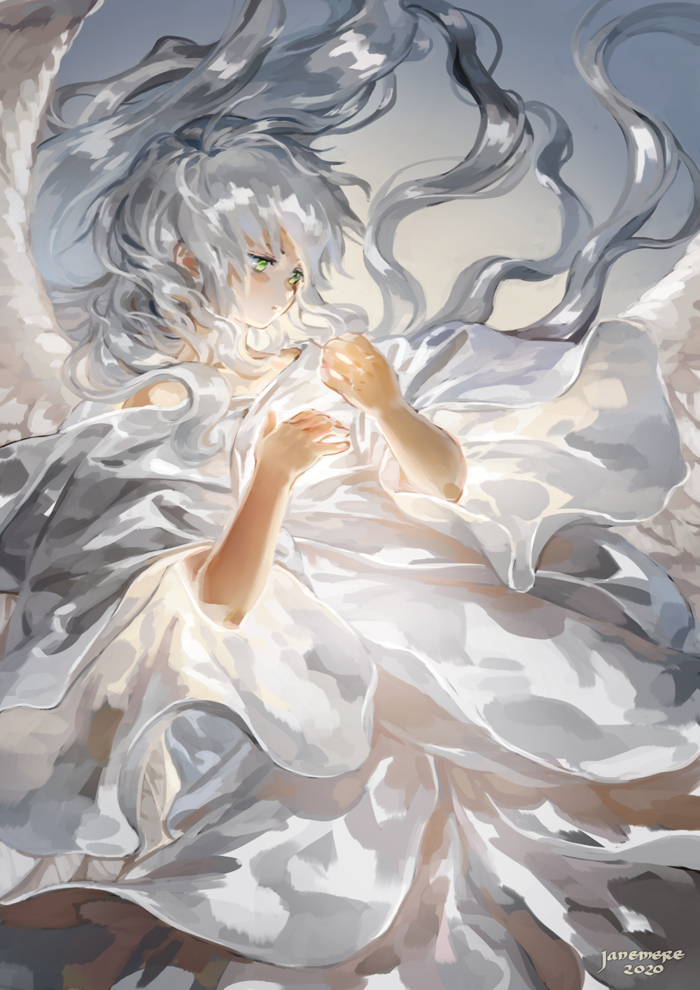 1girl angel_wings artist_name feathered_wings floating_hair glowing green_eyes grey_hair hands_up highres jane_mere long_hair original short_sleeves solo upper_body white_wings wings