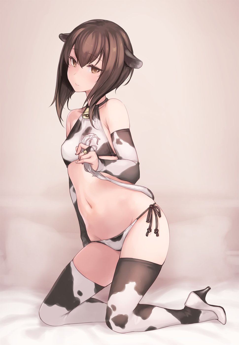 1girl animal_ears animal_print artist_name bangs bell bikini blush brown_eyes brown_hair closed_mouth collarbone cow_ears cow_print cow_tail cowbell cowboy_shot dated eyebrows_visible_through_hair flat_chest grey_background hair_between_eyes high_heels highres holding holding_tail kantai_collection kneeling rokuwata_tomoe short_hair side-tie_bikini signature simple_background solo swimsuit taihou_(kantai_collection) tail thigh-highs twitter_username