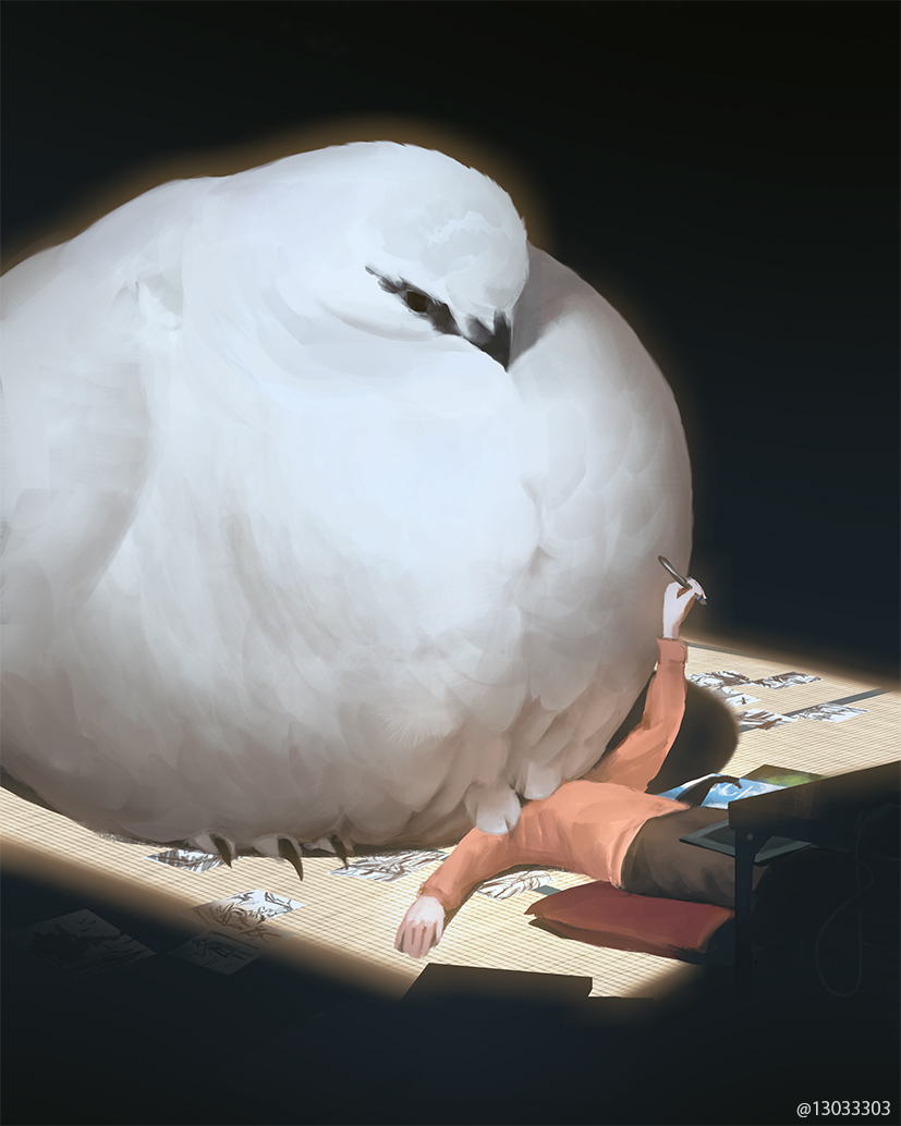 1other ambiguous_gender animal arizuka_(13033303) arm_up bird brown_pants brown_shirt commentary_request drawing drawing_tablet holding holding_pen how_is_the_progress_(meme) long_sleeves lying on_back original oversized_animal pants paper pen pillow shirt table white_bird
