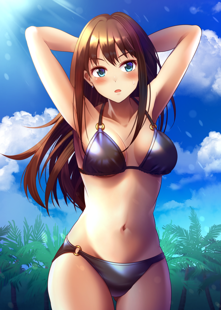 1girl arms_behind_head ass_visible_through_thighs bikini black_bikini black_hair blue_sky breasts clouds collarbone commentary_request cowboy_shot day green_eyes idolmaster idolmaster_cinderella_girls light_rays long_hair looking_at_viewer medium_breasts navel o-ring o-ring_bikini o-ring_bottom o-ring_top outdoors palm_tree shibuya_rin sky solo sunbeam sunlight swimsuit tree z.nov