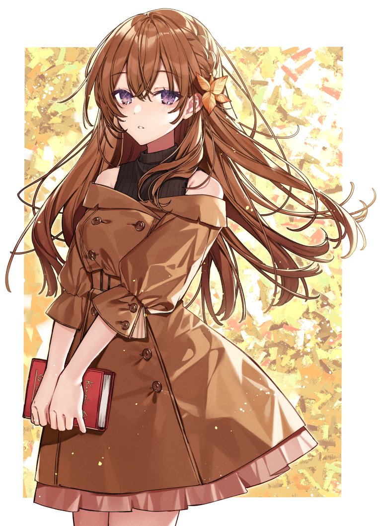 1girl bangs bare_shoulders black_sweater blush book braid brown_dress brown_hair commentary_request cowboy_shot dress eyebrows_visible_through_hair frilled_dress frills hair_between_eyes hair_ornament hanagata holding holding_book leaf_hair_ornament long_hair looking_at_viewer off-shoulder_dress off_shoulder original parted_lips puffy_short_sleeves puffy_sleeves ribbed_sweater short_sleeves sleeveless_sweater solo standing sweater very_long_hair violet_eyes