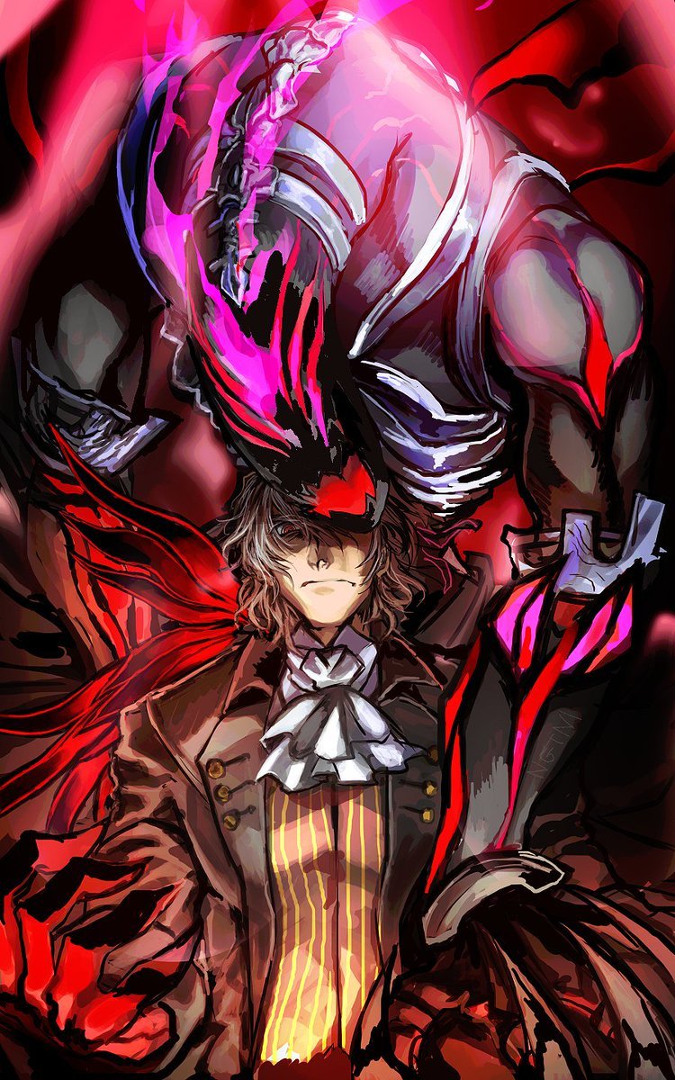 1boy antonio_salieri_(fate/grand_order) black_suit claws corruption cravat dark_persona energy european_clothes fangs fate/grand_order fate_(series) formal grey_hair highres long_sleeves looking_at_viewer lying male_focus monster nonono_nagata on_back pinstripe_suit red_eyes shirt short_hair striped striped_shirt suit