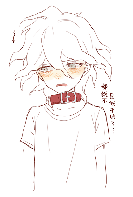 1boy animal_collar bangs blush brown_eyes collar collarbone commentary_request crying crying_with_eyes_open dangan_ronpa_(series) dangan_ronpa_2:_goodbye_despair io_(sinking=carousel) komaeda_nagito male_focus medium_hair messy_hair open_mouth red_collar shirt short_sleeves simple_background solo t-shirt tearing_up tears translation_request upper_body white_background white_shirt