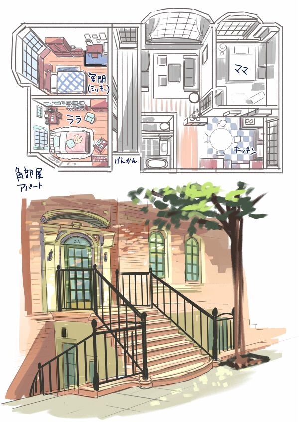 bed brick_wall chair checkered checkered_floor curtains door floorplan no_humans original railing stairs stone_stairs stoop table translation_request tree window wooden_floor yuuki_rika