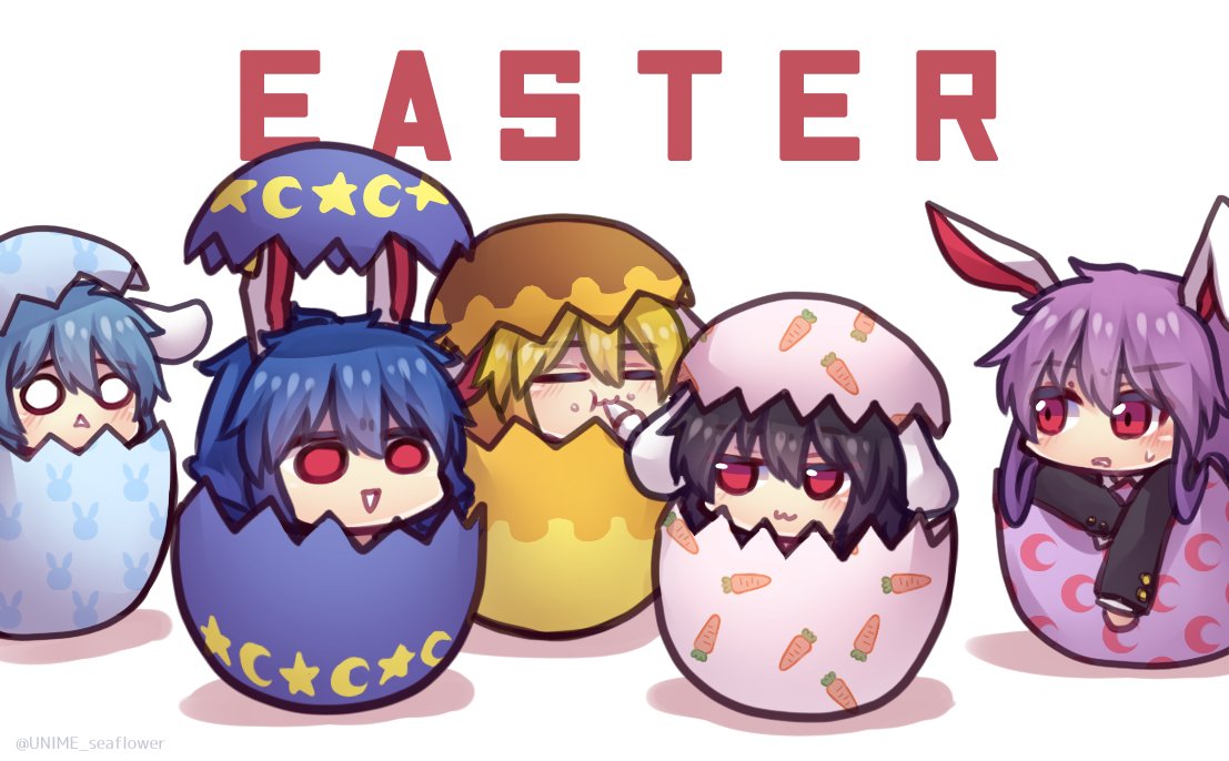 5girls :3 :d animal_ears animal_print bangs black_hair blonde_hair bunny_print carrot_print closed_eyes crescent_print easter_egg eating egg english_text floppy_ears food_print half-closed_eyes in_container inaba_tewi long_hair long_sleeves looking_at_viewer multiple_girls o_o open_mouth purple_hair rabbit_ears red_eyes reisen_(touhou_bougetsushou) reisen_udongein_inaba ringo_(touhou) seiran_(touhou) short_hair simple_background smile star_(symbol) star_print touhou triangle_mouth unime_seaflower white_background