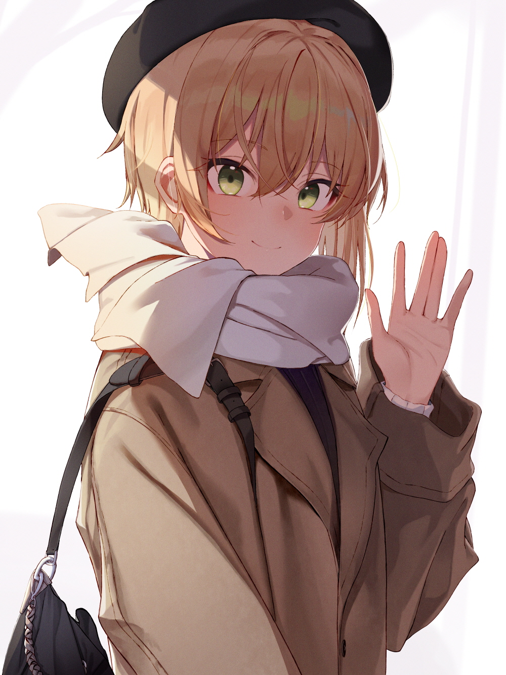 1girl \||/ bag bangs beret black_headwear blonde_hair blush brown_coat closed_mouth coat eyebrows_visible_through_hair green_eyes hair_between_eyes handbag hat highres idolmaster idolmaster_cinderella_girls miyamoto_frederica scarf short_hair simple_background smile solo soya_(torga) upper_body waving white_background white_scarf