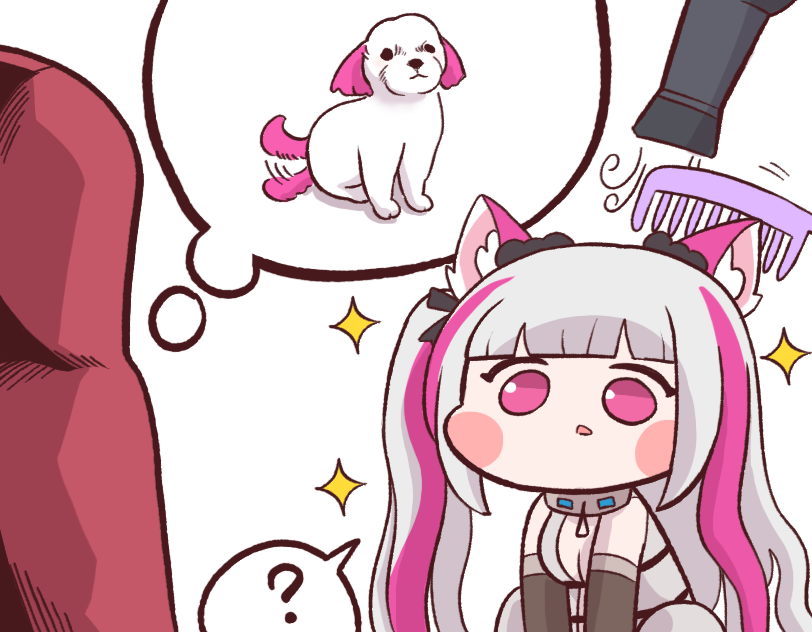 ? animal_ears bangs black_lilith blunt_bangs blush_stickers bulga chibi comb commander_(last_origin) dog dog_ears dog_girl eternity_(last_origin) hair_dryer last_origin minigirl open_mouth simple_background sparkle spoken_question_mark thought_bubble twintails white_background