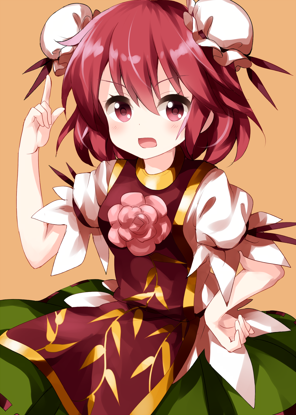 1girl bangs brown_background chinese_clothes cowboy_shot cuffs double_bun eyebrows_visible_through_hair flower green_skirt hair_between_eyes hand_on_hip highres ibaraki_kasen index_finger_raised looking_at_viewer open_mouth pink_flower pink_rose red_eyes redhead rose ruu_(tksymkw) shackles shirt short_hair short_sleeves simple_background skirt solo standing tabard touhou v-shaped_eyebrows white_shirt