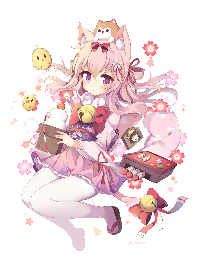 1girl animal animal_ear_fluff animal_ears animal_on_head azur_lane bangs bell bird black_footwear blush bow cat_ears cat_girl cat_tail chick closed_mouth commentary dango dog ema eyebrows_visible_through_hair floral_background food full_body fur_collar hair_between_eyes holding japanese_clothes jingle_bell kagami_mochi kimono kisaragi_(azur_lane) kisaragi_(new_year's_wish)_(azur_lane) long_hair long_sleeves looking_at_viewer manjuu_(azur_lane) mutsuki_(azur_lane) mutsuki_face on_head pantyhose pink_hair pink_kimono red_bow red_eyes rento_(rukeai) sanshoku_dango solo tail tail_bell tail_bow tail_ornament wagashi white_background white_legwear wide_sleeves zouri