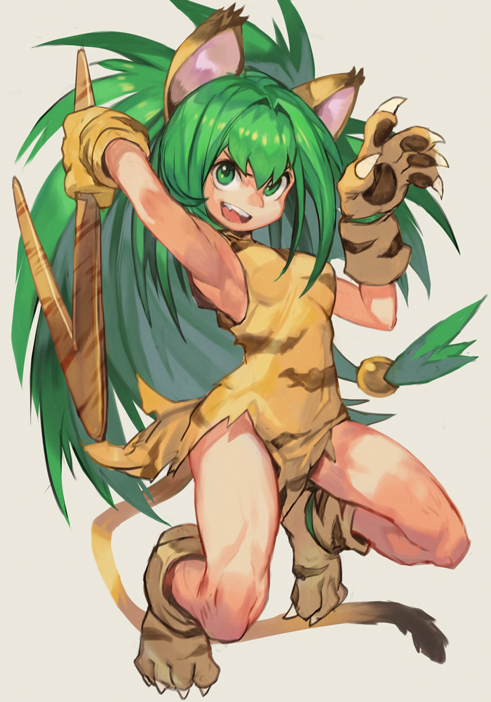 1girl animal_print big_hair boomerang breasts cat_girl cham_cham fang full_body gloves green_hair hankuri holding holding_weapon huge_weapon hankuri maya_(culture) mexican paw_gloves paw_shoes paws samurai_spirits shoes small_breasts solo tiger_print upper_teeth weapon