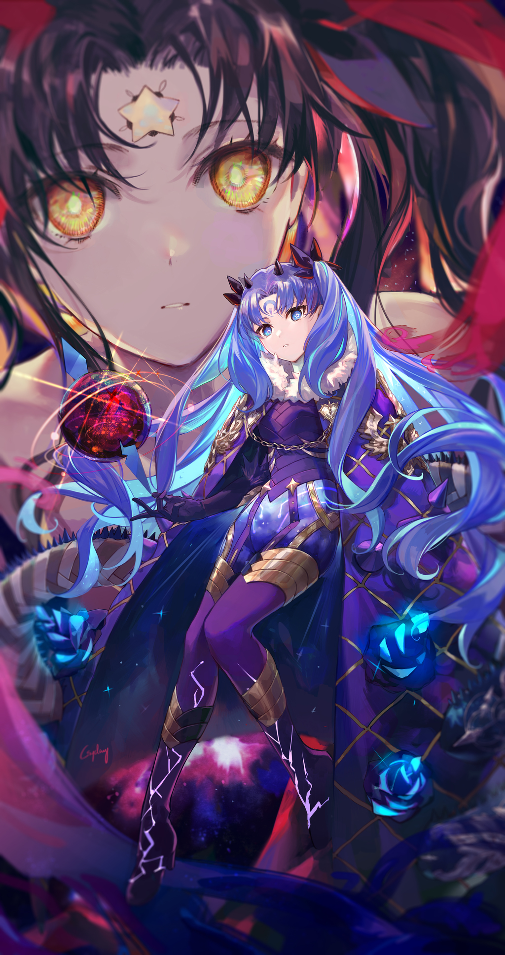 2girls bangs black_hair blue_bodysuit blue_cloak blue_eyes blue_hair bodysuit breasts cloak csyday dual_persona facial_mark fate/grand_order fate_(series) forehead_mark fur-trimmed_cloak fur_trim giant giantess hair_ribbon highres horns ishtar_(fate)_(all) legs long_hair looking_at_viewer medium_breasts multicolored_hair multiple_girls orb parted_bangs ribbon space_ishtar_(fate) symbol-shaped_pupils two-tone_hair two_side_up yellow_eyes
