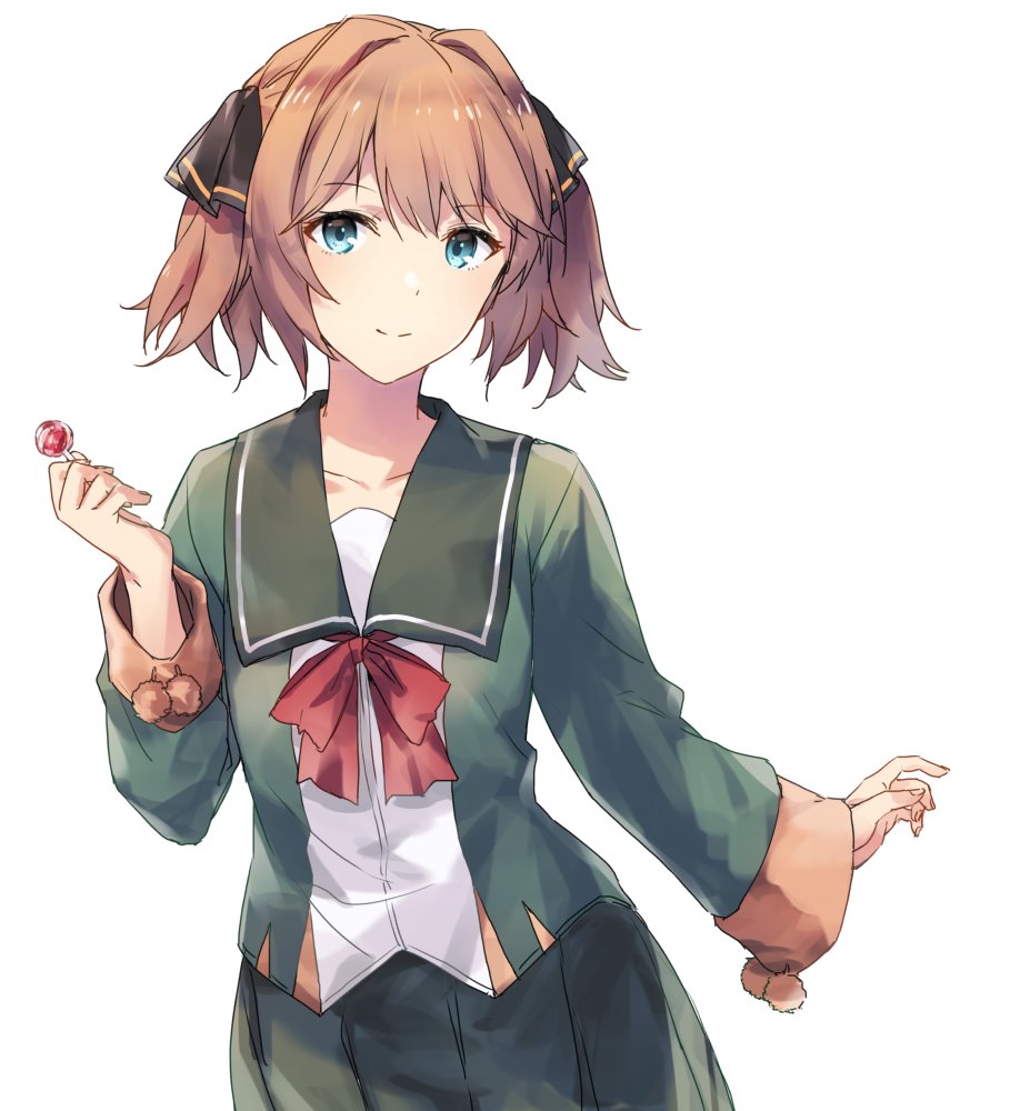 1girl black_footwear black_ribbon brown_hair candy cowboy_shot drawstring food green_jacket green_sailor_collar green_skirt hachijou_(kantai_collection) hair_ribbon holding holding_candy holding_food holding_lollipop jacket kantai_collection lollipop long_sleeves neck_ribbon pleated_skirt pom_pom_(clothes) red_ribbon ribbon sailor_collar satsumi school_uniform serafuku short_hair simple_background skirt solo white_background