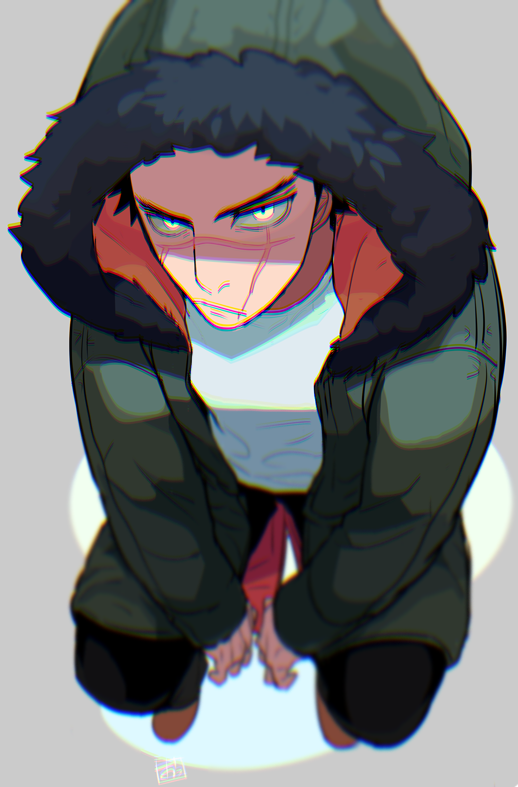 1boy alternate_costume black_hair black_pants blurry casual closed_mouth commentary_request eyebrows from_above full_body fur fur_trim golden_kamuy green_jacket hood hood_up hooded_jacket jacket long_jacket long_sleeves looking_at_viewer looking_up male_focus onnomono pants scar scar_on_cheek scar_on_face scar_on_mouth scar_on_nose shirt short_hair sitting solo spiky_hair sugimoto_saichi white_shirt yellow_eyes