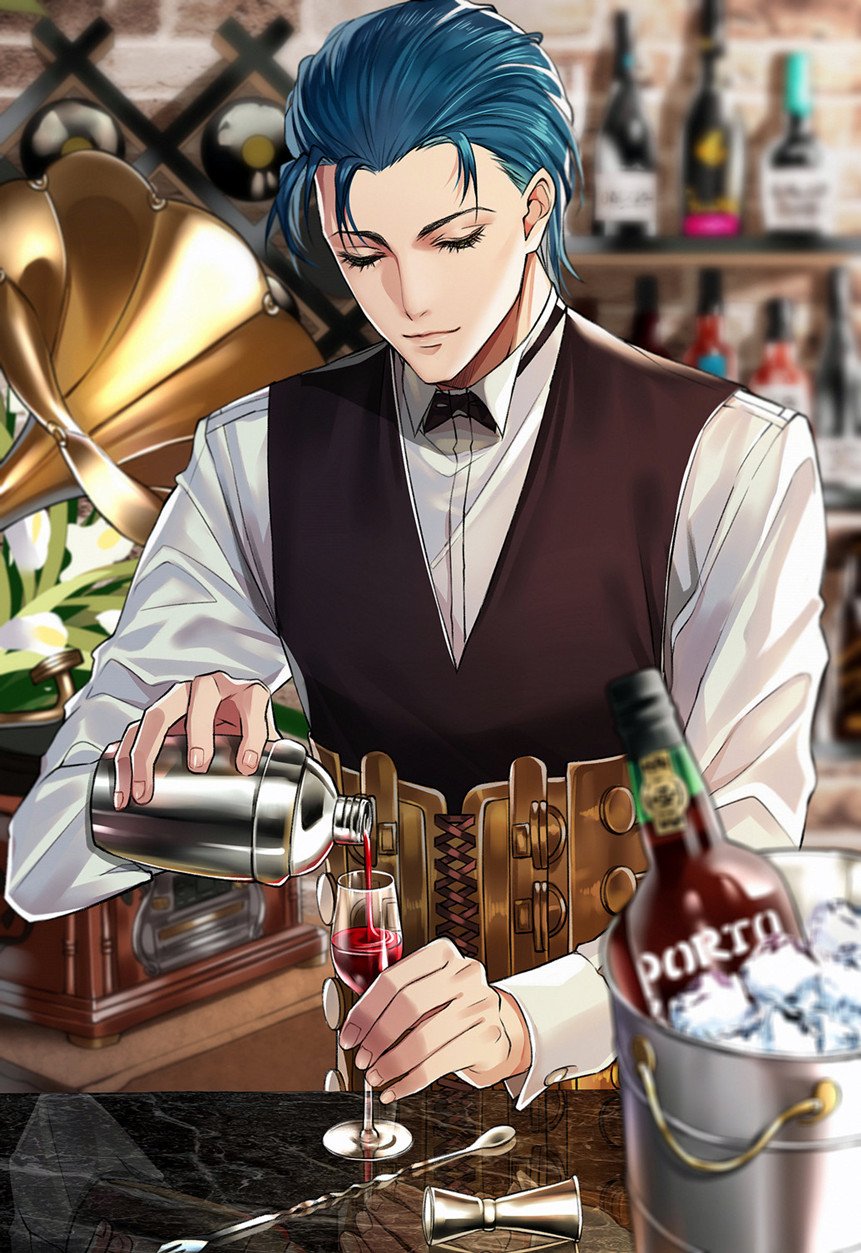 1boy alcohol blue_hair bow bowtie closed_eyes cup dress_shirt drinking_glass fate/grand_order fate_(series) highres male_focus phonograph pouring sherlock_holmes_(fate/grand_order) shirt smile solo upper_body vest wine_glass yaoshi_jun