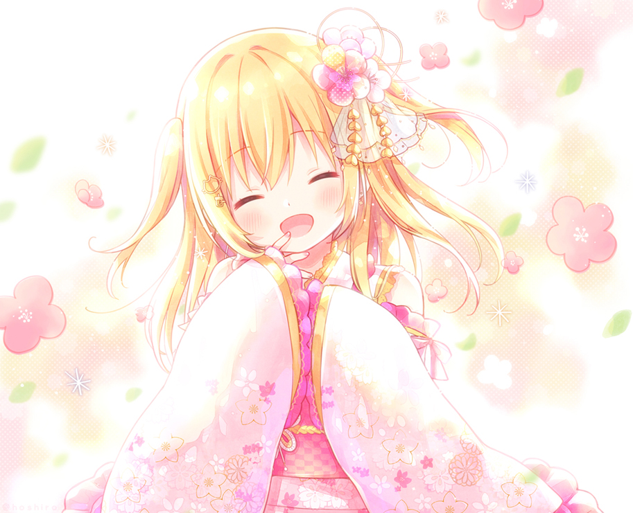 1girl :d bangs blonde_hair blush closed_eyes commentary_request emori_el emori_miku_project eyebrows_visible_through_hair facing_viewer floral_print flower hair_between_eyes hair_flower hair_ornament hands_up head_tilt japanese_clothes kimono kon_hoshiro long_hair long_sleeves obi open_mouth pink_flower pink_kimono print_kimono sash sleeves_past_fingers sleeves_past_wrists smile solo two_side_up upper_body wide_sleeves