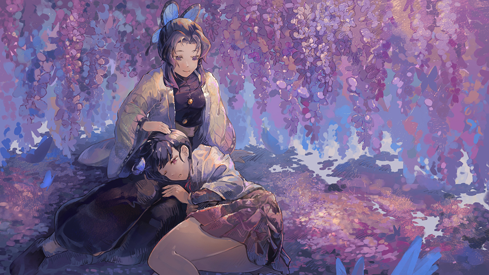2girls black_hair black_jacket black_pants bug butterfly butterfly_hair_ornament closed_mouth day flower hair_intakes hair_ornament hand_on_another's_head haori insect jacket japanese_clothes kimetsu_no_yaiba kochou_shinobu lap_pillow long_hair lying military military_uniform miniskirt multicolored_hair multiple_girls on_side one_eye_closed outdoors pants parted_lips pleated_skirt purple_flower purple_hair purple_skirt purple_theme red_eyes shiny shiny_hair short_hair_with_long_locks sidelocks sitting skirt smile tsuyuri_kanao two-tone_hair uniform wisteria wsue14