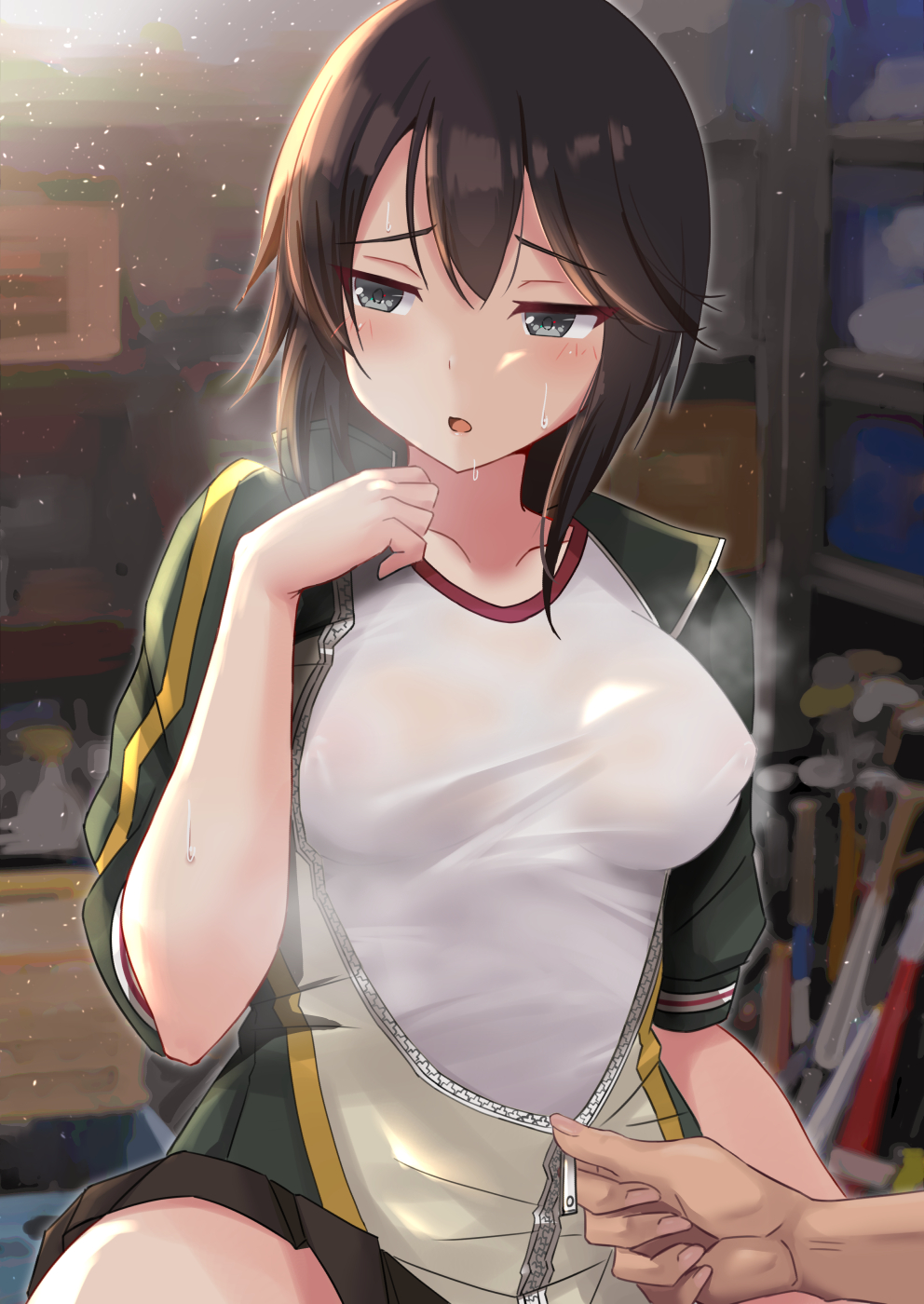 1girl black_hair black_skirt blush breasts commentary_request covered_nipples eyebrows_visible_through_hair grey_eyes gym_shirt hayasui_(kantai_collection) highres indoors jacket kantai_collection kuroame_(kurinohana) large_breasts long_sleeves looking_to_the_side miniskirt open_clothes open_jacket open_mouth pleated_skirt shirt short_hair skirt solo_focus steam steaming_body sweat track_jacket zipper