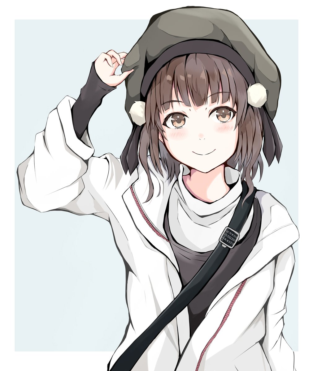 1girl beret black_headwear black_shirt border brown_eyes brown_hair commentary_request dairyo3 grey_background hat highres jacket kantai_collection looking_at_viewer naka_(kantai_collection) official_alternate_costume shirt short_hair solo strap sweater two-tone_background upper_body white_border white_jacket white_sweater