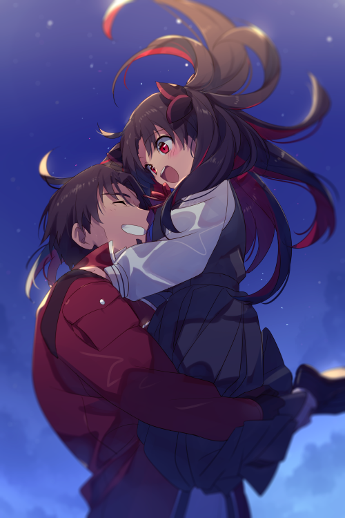 1boy 1girl black_hair cis05 dress fate/grand_order fate_(series) father_and_daughter hair_ribbon happy ishtar_(fate)_(all) long_hair medium_hair night night_sky open_mouth red_eyes ribbon sky space_ishtar_(fate) star_(sky) starry_sky twintails younger