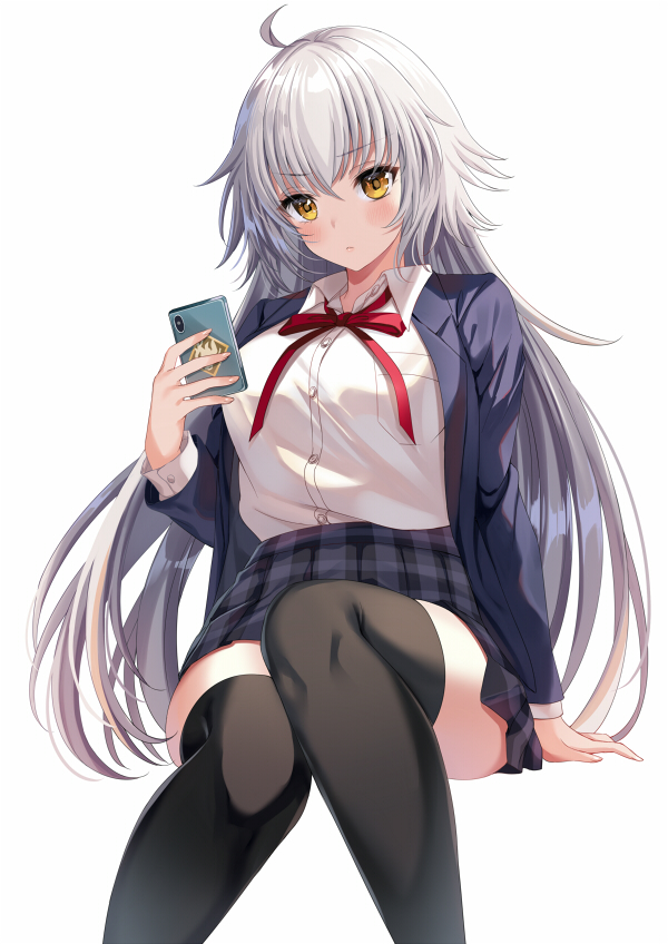 1girl bangs black_legwear blue_jacket blush breasts cellphone collared_shirt commentary_request dress_shirt duplicate fate/grand_order fate_(series) grey_skirt harimoji holding holding_phone jacket jeanne_d'arc_(alter)_(fate) jeanne_d'arc_(fate)_(all) large_breasts long_hair long_sleeves looking_at_viewer open_clothes open_jacket phone shirt silver_hair simple_background sitting skirt smartphone thigh-highs white_background white_shirt yellow_eyes