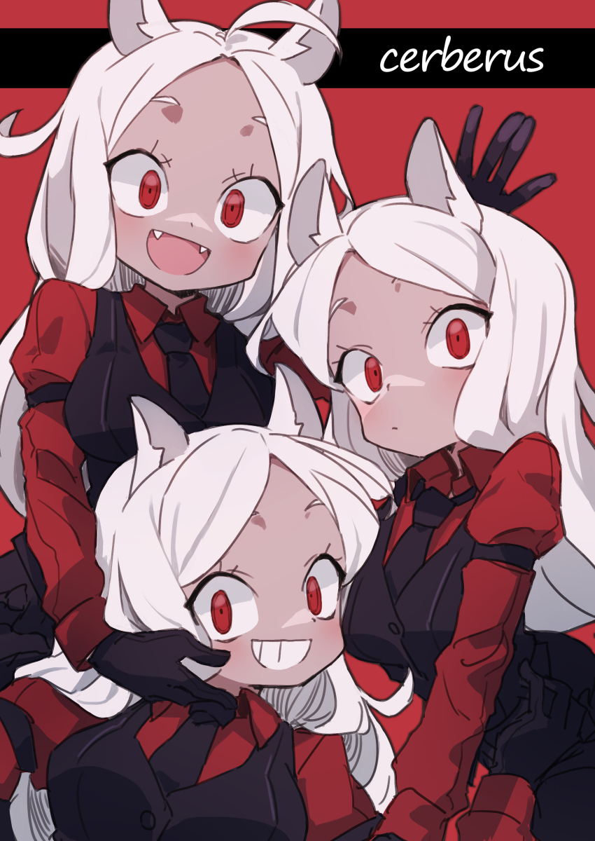 ahoge animal_ears arm_grab black_gloves black_neckwear black_pants black_tail black_vest cerberus_(helltaker) commentary demon_girl dog_ears dog_girl dress_shirt fangs gazacy_(dai) gloves grin hand_on_another's_face helltaker highres leaning_forward leaning_to_the_side light_frown long_hair looking_at_viewer matching_outfit necktie open_mouth pants pose red_background red_eyes red_shirt shirt short_hair_with_long_locks simple_background smile standing triplets vest waistcoat waving white_hair wing_collar