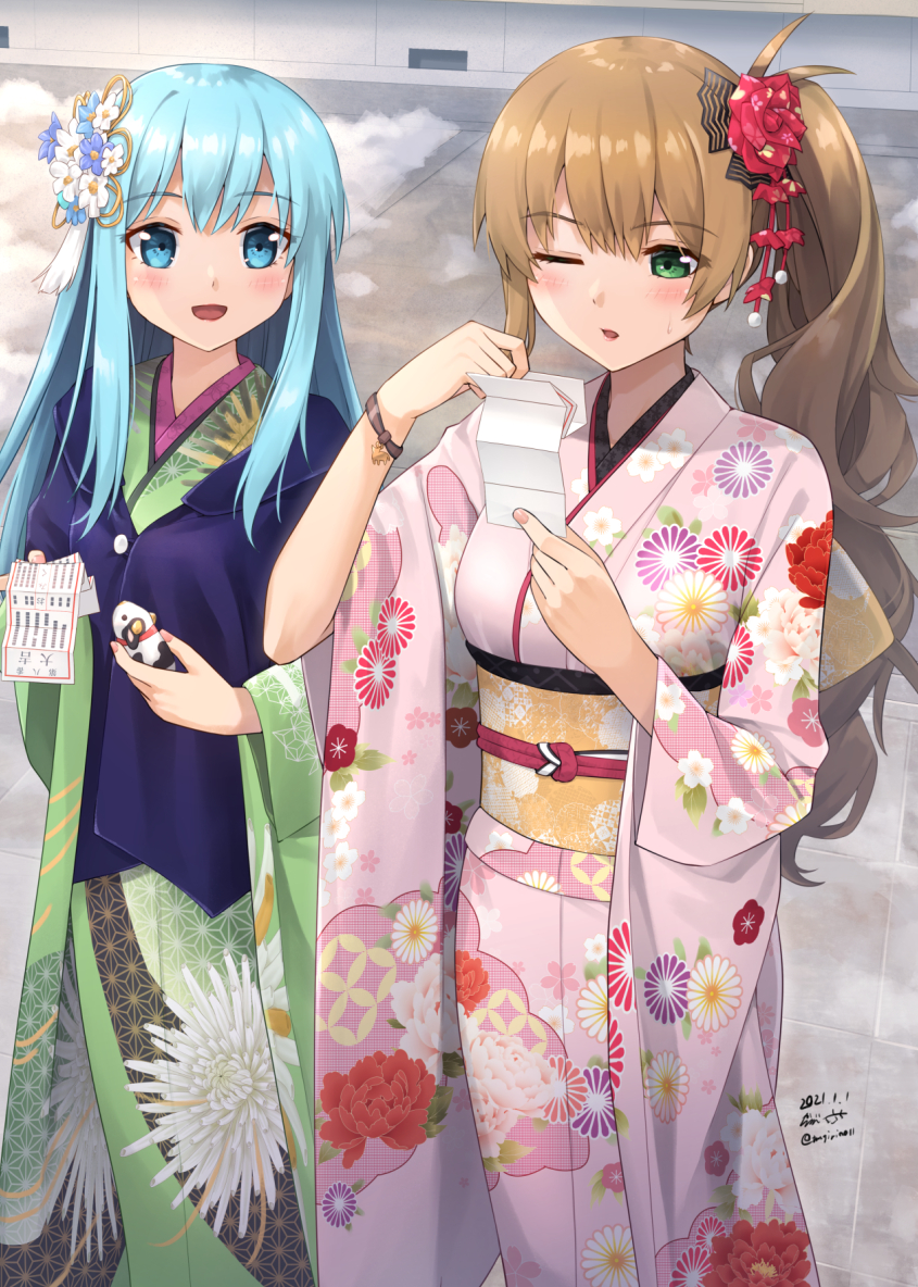 2girls :d bangs blue_eyes blue_hair breasts brown_hair chinese_zodiac commentary_request dated ensemble_girls! eyebrows_visible_through_hair floral_print flower green_eyes green_kimono hair_flower hair_ornament hassaku_tsuyuri hatsumoude holding japanese_clothes kimono long_hair long_sleeves minami_natsumi multiple_girls nail_polish obi omikuji open_mouth pink_kimono pink_nails print_kimono red_flower red_rose rose sarasa_(kanbi) sash side_ponytail signature small_breasts smile twitter_username very_long_hair wide_sleeves year_of_the_ox